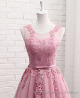 Pink Round Neck Lace Tulle Semi Formal Prom Dress, Lace Evening Dresses
